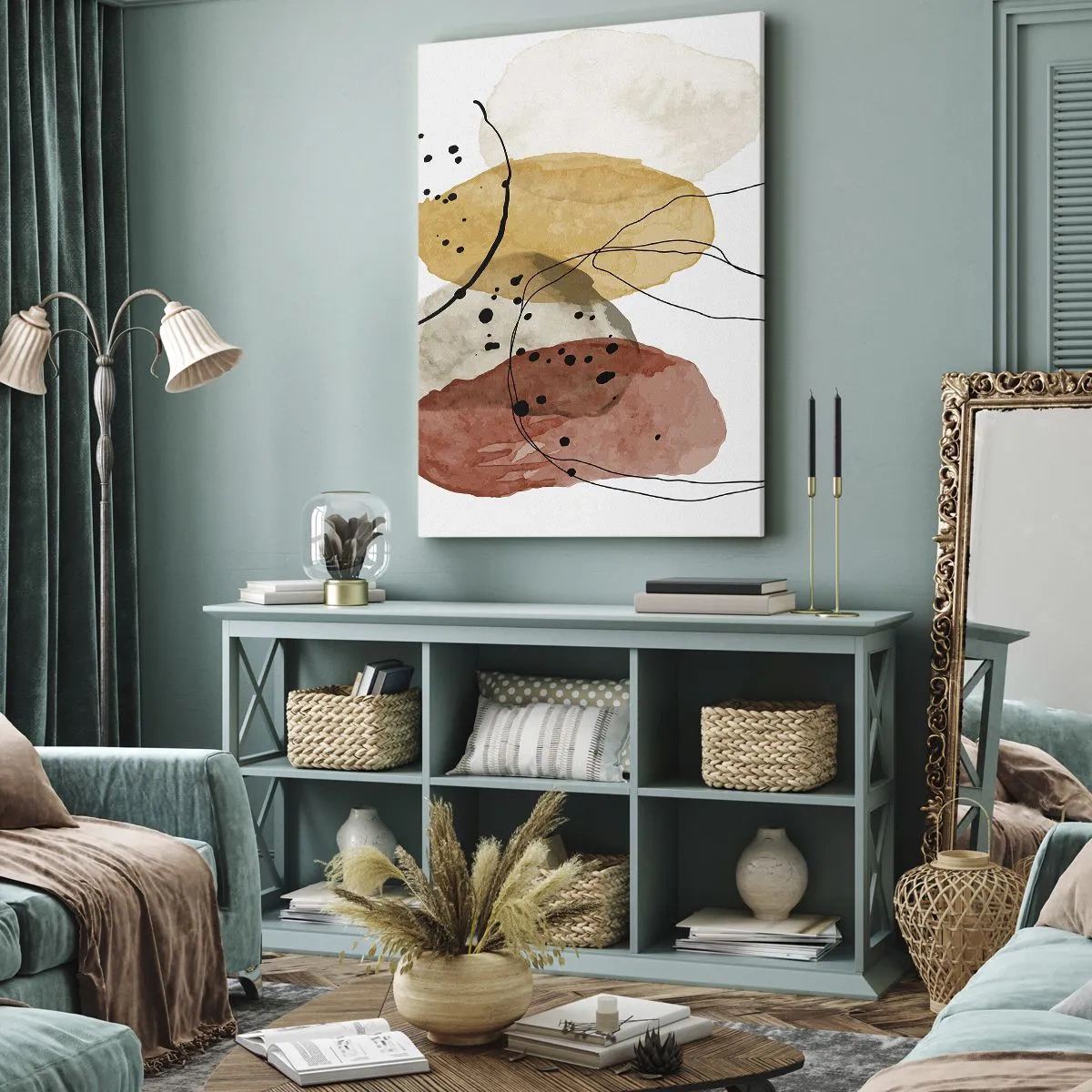 Impression sur toile - Image sur toile - Taches abstraites dans les tons beige, jaune et rouge - 50x70cm - Léger et transparent comme l'air - Décoration murale moderne pour le salon et la chambre ARTTOR