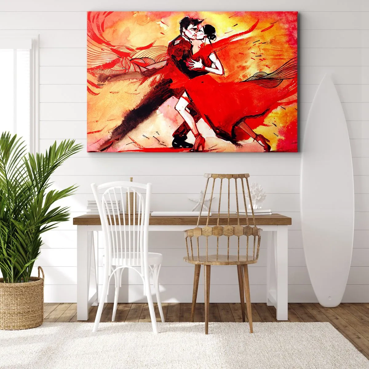 Impression sur toile - Image sur toile - Un couple dansant le tango dans des tons rouges sur un fond dynamique. - 70x50cm - Le rythme violet de la passion - Décoration murale moderne pour le salon et la chambre ARTTOR