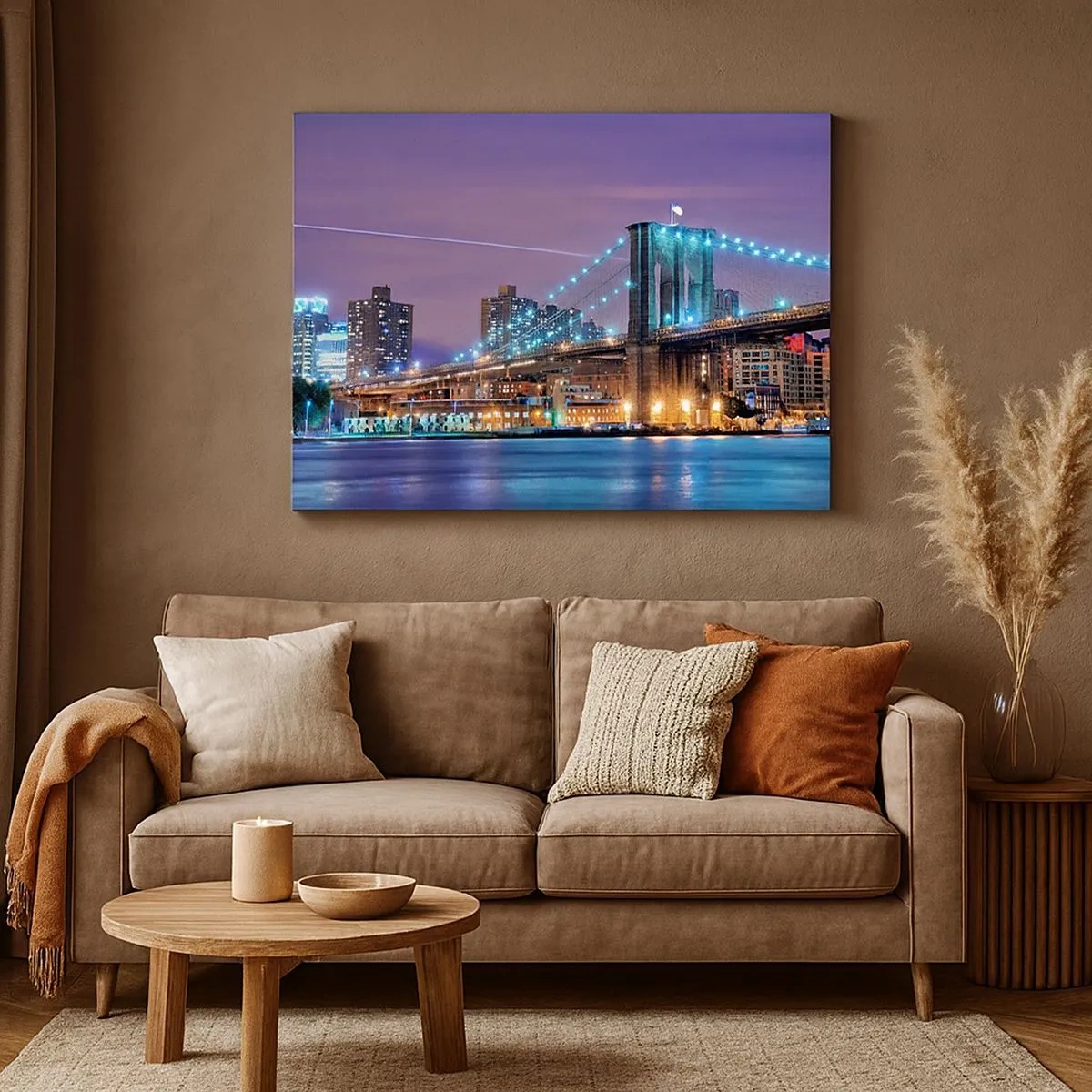Impression sur toile - Image sur toile - Le pont de Brooklyn la nuit avec la ville illuminée en arrière-plan - 70x50cm - Depuis de nombreuses années le pont de Brooklyn - Décoration murale moderne pour le salon et la chambre ARTTOR