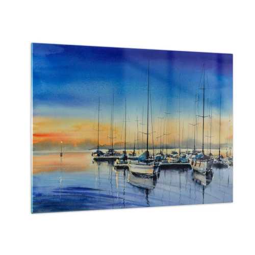 Impression sur verre - Image sur verre - Voiliers dans le port au coucher du soleil - 70x50cm - Fin d'une belle journée - Décoration murale moderne pour le salon et la chambre ARTTOR