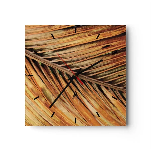 Horloge murale - Pendule murale - Gros plan d'une feuille de palmier sèche aux tons chauds - 30x30cm - Or de noix de coco - Décoration murale moderne pour le salon et la chambre ARTTOR