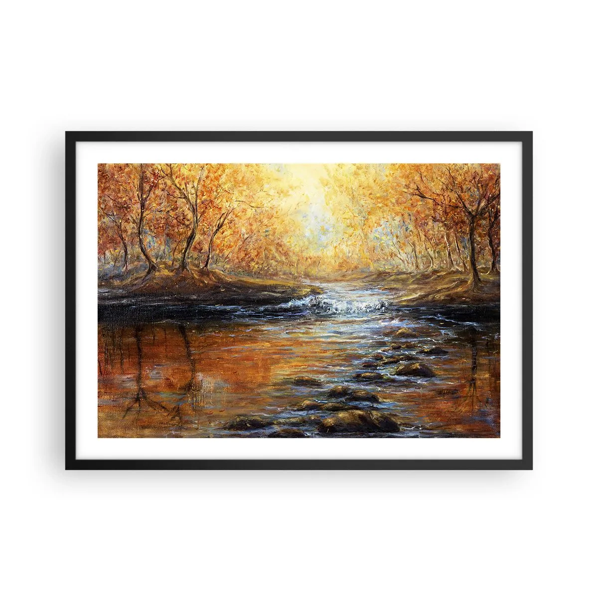 Affiche dans un cadre noir - Poster - Paysage d'automne avec une rivière parmi les arbres - 70x50cm - Le ruisseau d'or - Décoration murale moderne pour le salon et la chambre ARTTOR