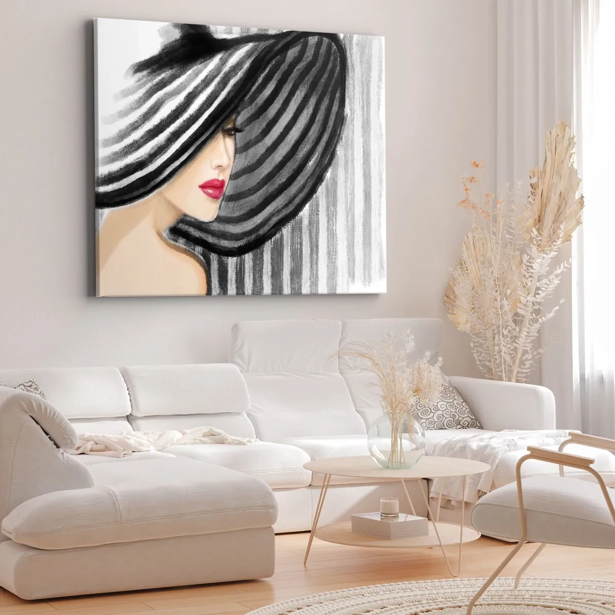 Impression sur toile - Image sur toile - Femme portant un chapeau noir et blanc avec une touche rouge - 70x50cm - Où te chercher ? - Décoration murale moderne pour le salon et la chambre ARTTOR