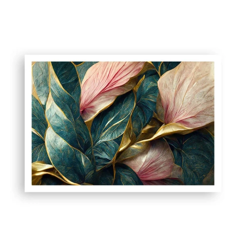Affiche - Poster - Feuilles élégantes en vert, or et rose - 100x70cm - Élégance et style naturels - Décoration murale moderne pour le salon et la chambre ARTTOR