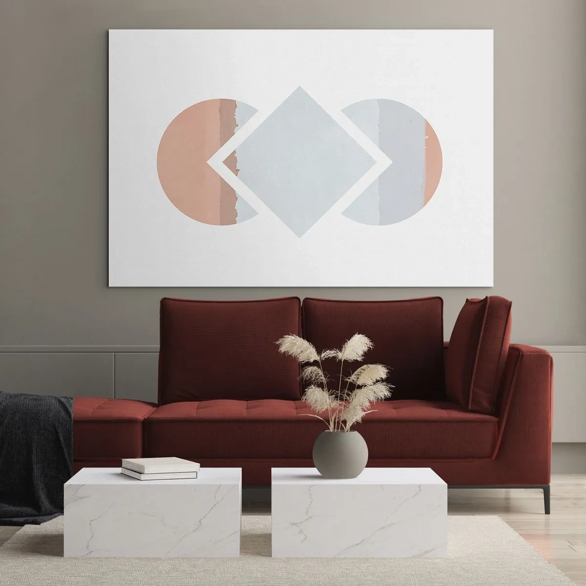 Impression sur verre - Image sur verre - Un losange pastel au centre entre les demi-cercles sur fond blanc. - 70x50cm - La situation est clair - Décoration murale moderne pour le salon et la chambre ARTTOR