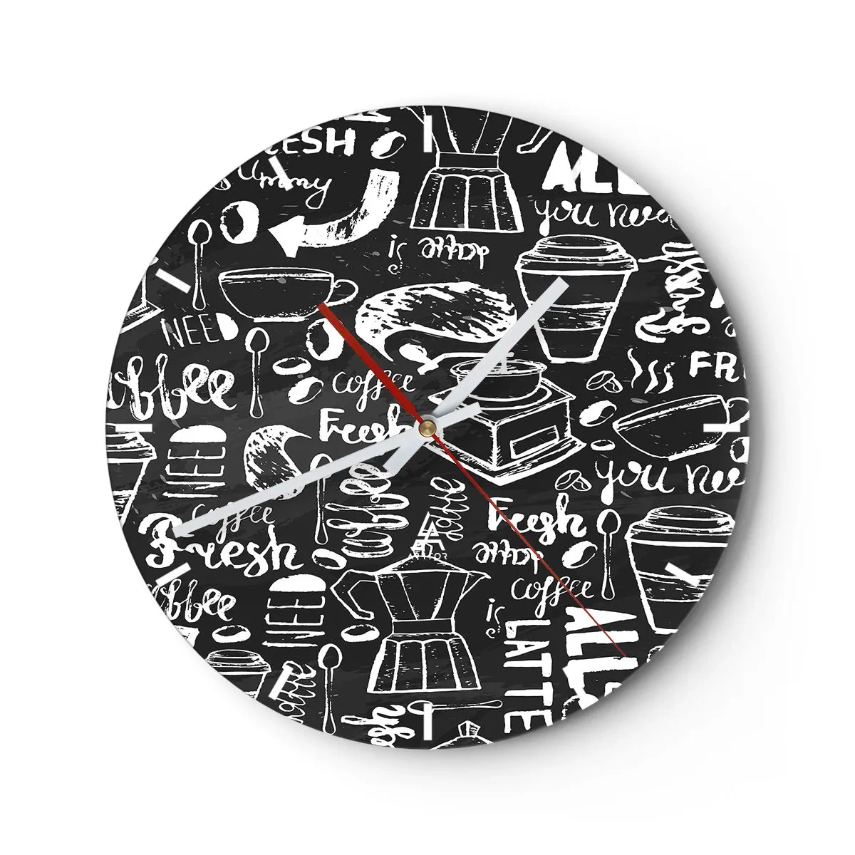Horloge murale - Pendule murale - Motif de café dans le style d'un dessin à la craie sur fond noir - 30x30cm - Tout ce dont tu as besoin c'est… - Décoration murale moderne pour le salon, la cuisine et la chambre ARTTOR