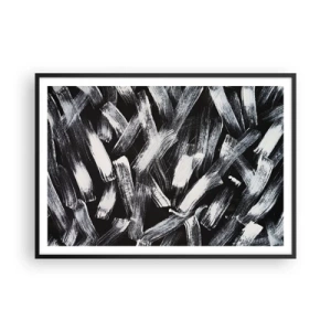 Affiche dans un cadre noir - Poster - Abstraction dynamique avec des coups de pinceau blancs sur fond noir. - 100x70cm - L'abstraction dans l'esprit industriel - Décoration murale moderne pour le salon et la chambre ARTTOR