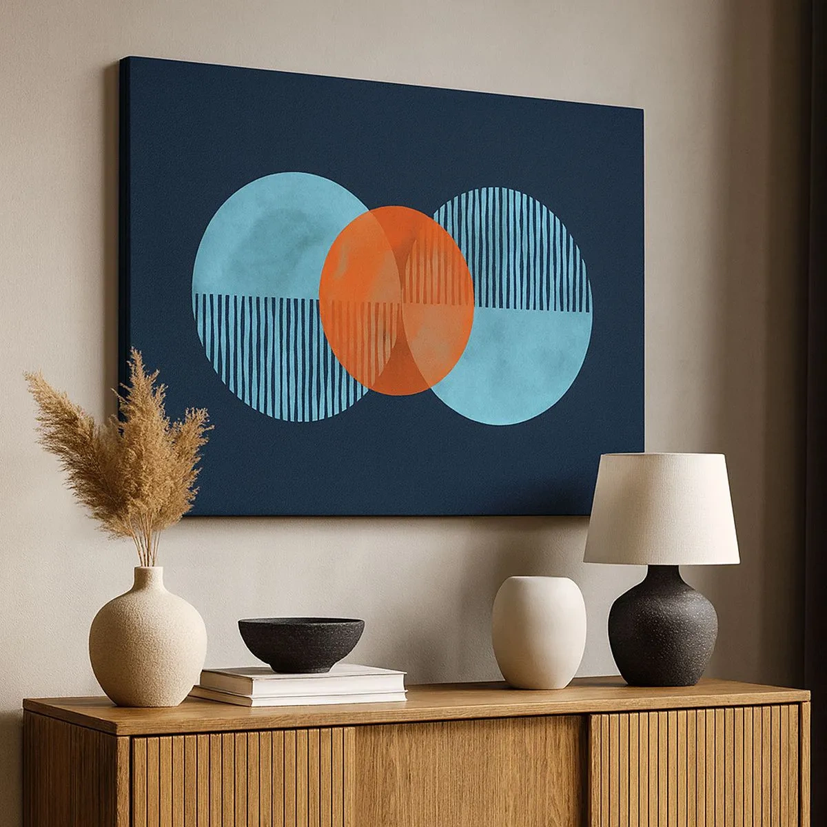 Impression sur toile - Image sur toile - Cercles géométriques dans les tons bleu et orange - 70x50cm - Composition symétrique - Décoration murale moderne pour le salon et la chambre ARTTOR