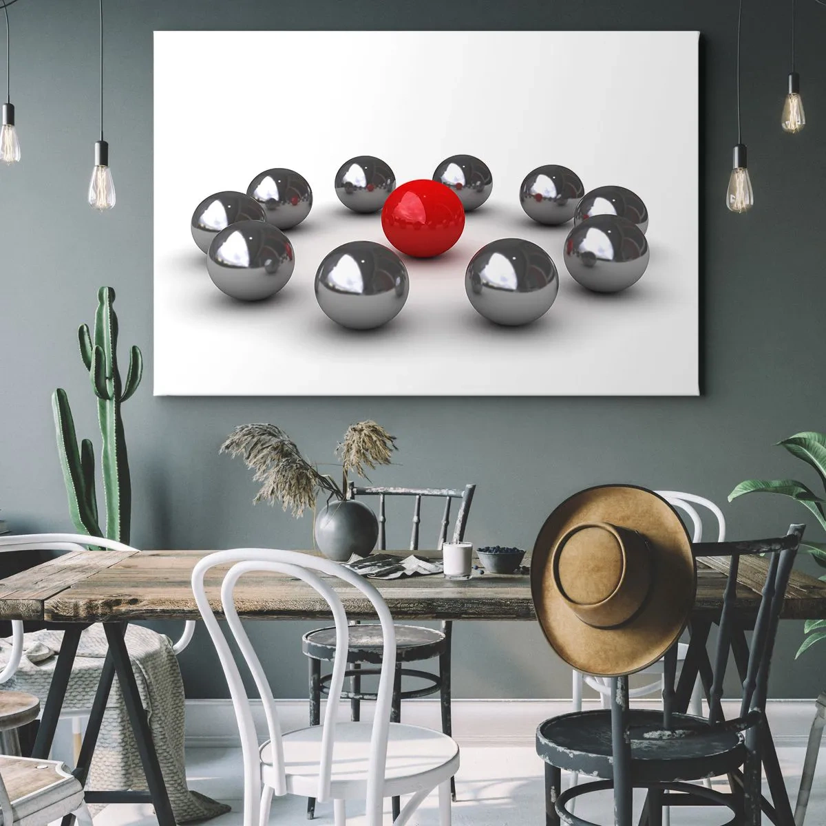 Impression sur toile - Image sur toile - Une boule rouge entourée de boules argentées sur fond blanc - 100x70cm - Un cercle en argent et rouge - Décoration murale moderne pour le salon et la chambre ARTTOR