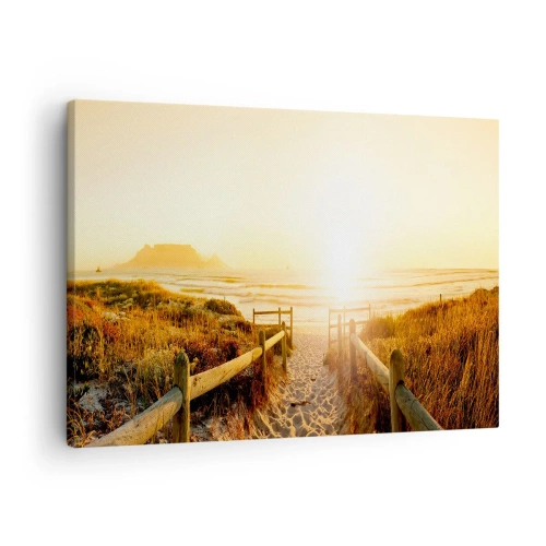 Impression sur toile - Image sur toile - Chemin vers la plage pendant un coucher de soleil doré - 70x50cm - A travers la dune, vers le soleil - Décoration murale moderne pour le salon et la chambre ARTTOR