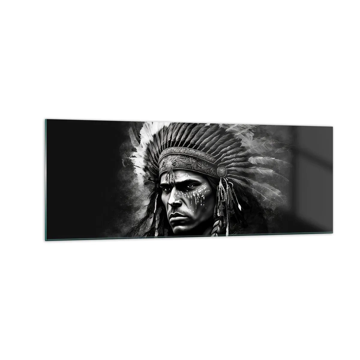 Impression sur verre - Image sur verre - Portrait d'un chef portant une coiffe à plumes sur fond noir - 140x50cm - Un leader et un guerrier - Décoration murale moderne pour le salon et la chambre ARTTOR