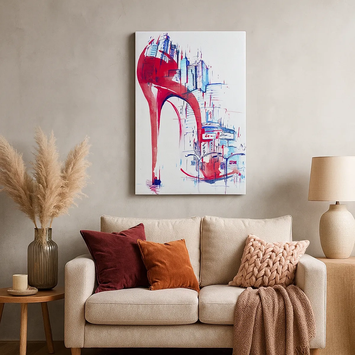 Impression sur toile - Image sur toile - Talon aiguille rouge abstrait avec détails urbains - 50x70cm - L'élégance des grandes villes - Décoration murale moderne pour le salon et la chambre ARTTOR