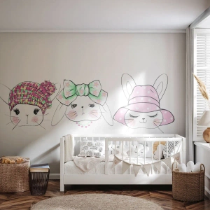 Papier Peint Photo Premium Canvas - Adorables lapins portant des coiffes pastel - 100x70cm - Pensif, triste, satisfait - Décoration murale moderne pour le salon et la chambre ARTTOR