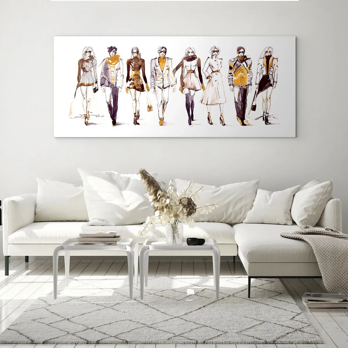 Impression sur verre - Image sur verre - Croquis d'un groupe de personnes en tenues de mode - 120x50cm - Chic décontracté, élégance décontractée - Décoration murale moderne pour le salon et la chambre ARTTOR