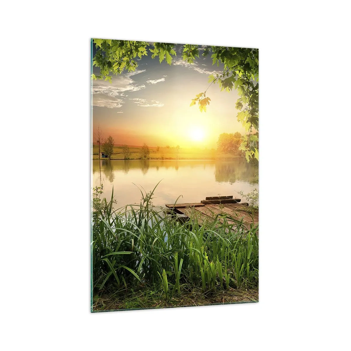 Impression sur verre - Image sur verre - Paysage verdoyant avec un lac au coucher du soleil - 70x100cm - Paysage dans un cadre verdoyant - Décoration murale moderne pour le salon et la chambre ARTTOR