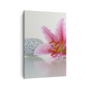 Impression sur toile - Image sur toile - Fleur de lys rose avec des pierres sur un fond clair - 70x100cm - Étude de rose, gris et blanc - Décoration murale moderne pour le salon et la chambre ARTTOR