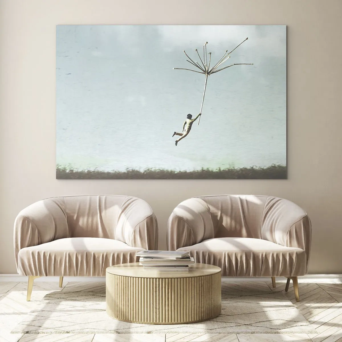 Impression sur verre - Image sur verre - Un garçon volant avec une graine de pissenlit au-dessus d'une prairie - 100x70cm - Cerfs-volants, pissenlits, vent - Décoration murale moderne pour le salon et la chambre ARTTOR