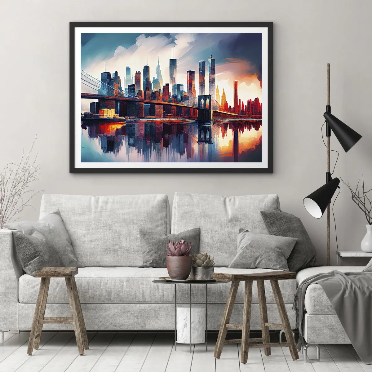 Affiche dans un cadre noir - Poster - Panorama de la ville de New York avec pont et reflet dans l'eau - 70x50cm - New York onirique - Décoration murale moderne pour le salon et la chambre ARTTOR