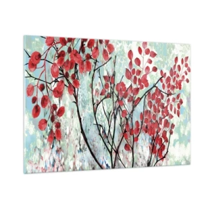 Impression sur verre - Image sur verre - Branches avec des feuilles rouges sur un fond peint - 100x70cm - Arbre en écarlate - Décoration murale moderne pour le salon et la chambre ARTTOR