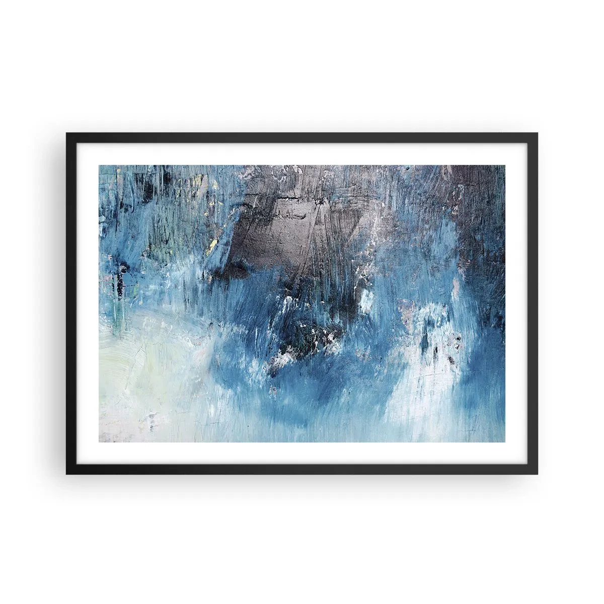 Affiche dans un cadre noir - Poster - Coups de pinceau abstraits dans des tons de bleu - 70x50cm - Rhapsodie en bleu - Décoration murale moderne pour le salon et la chambre ARTTOR