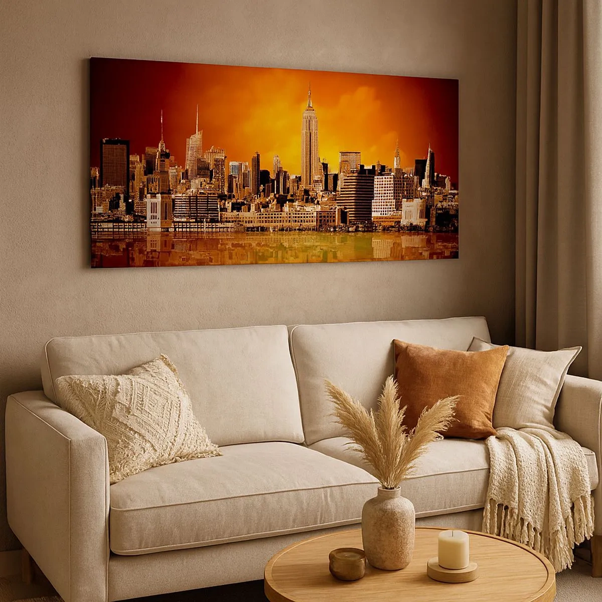 Impression sur toile - Image sur toile - Panorama de grande ville en jaune et bronze - 100x40 cm