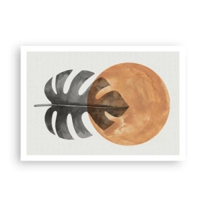 Affiche - Poster - Feuille de Monstera et cercle doré sur fond clair - 100x70cm - Toujours le soleil - Décoration murale moderne pour le salon et la chambre ARTTOR