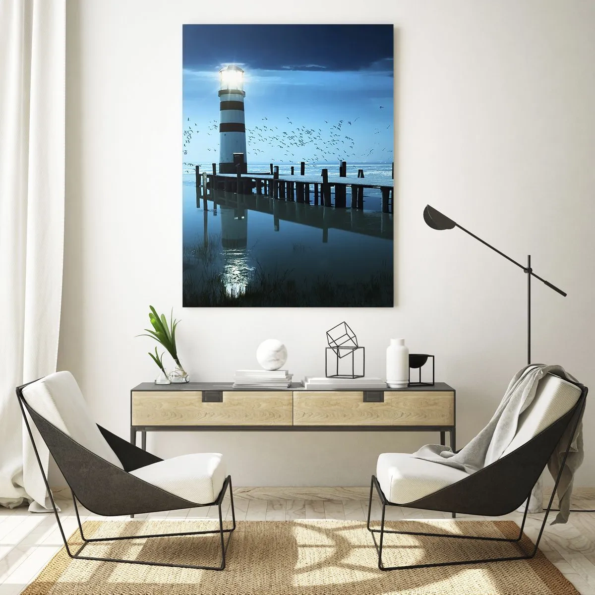 Impression sur verre - Image sur verre - Le phare de la jetée illuminé la nuit - 70x100cm - Et tu n'as pas peur du noir - Décoration murale moderne pour le salon et la chambre ARTTOR
