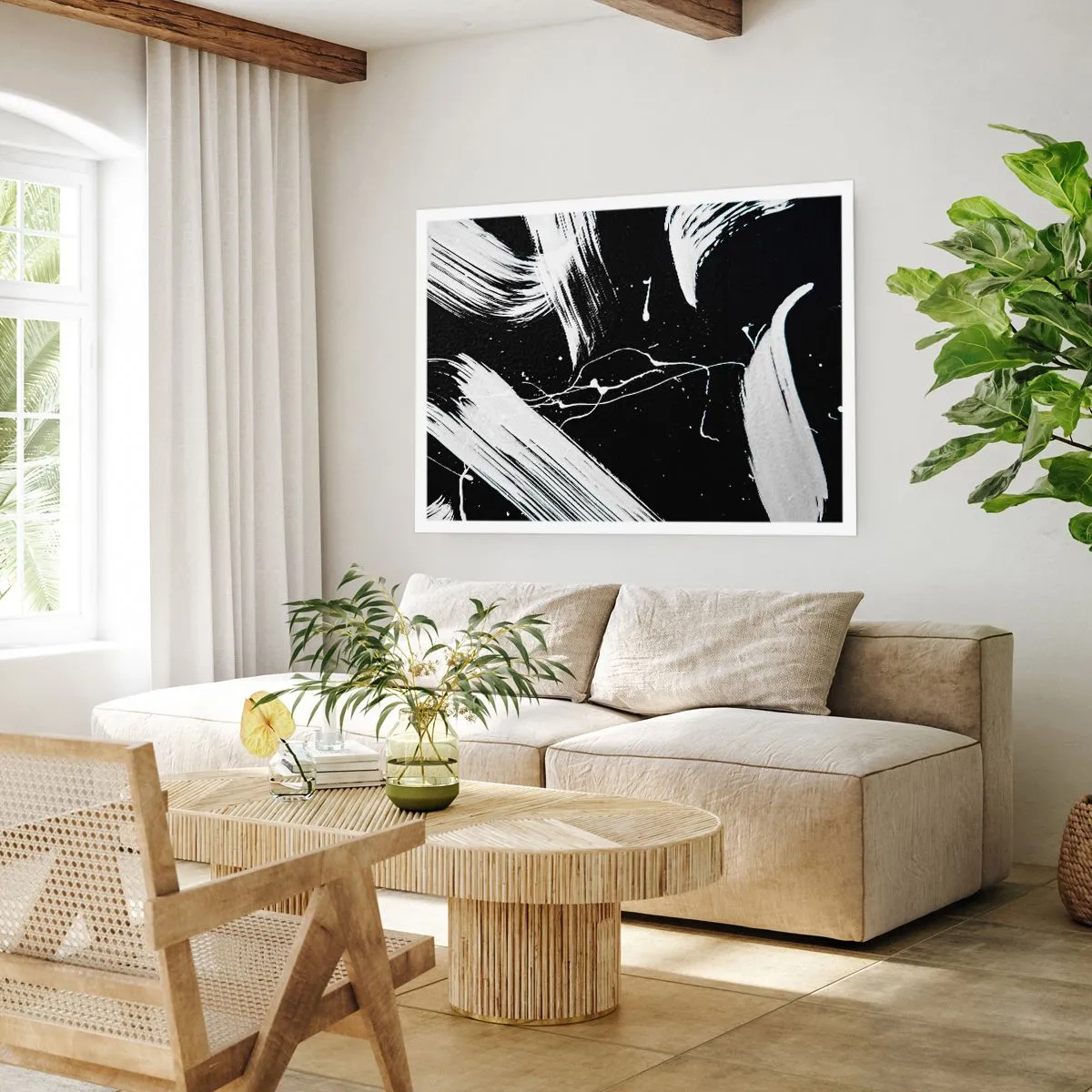 Affiche - Poster - Traits blancs abstraits sur fond noir - 100x70cm - Briser les ténèbres - Décoration murale moderne pour le salon et la chambre ARTTOR