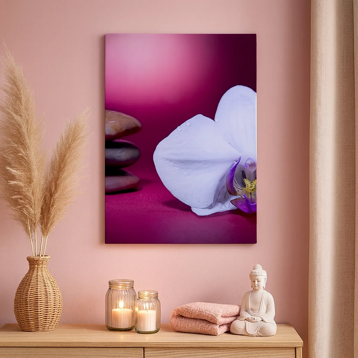 Impression sur toile - Image sur toile - Orchidée blanche et pierres sur fond rose - 50x70cm - Une étude de fraîcheur en violet - Décoration murale moderne pour le salon et la chambre ARTTOR