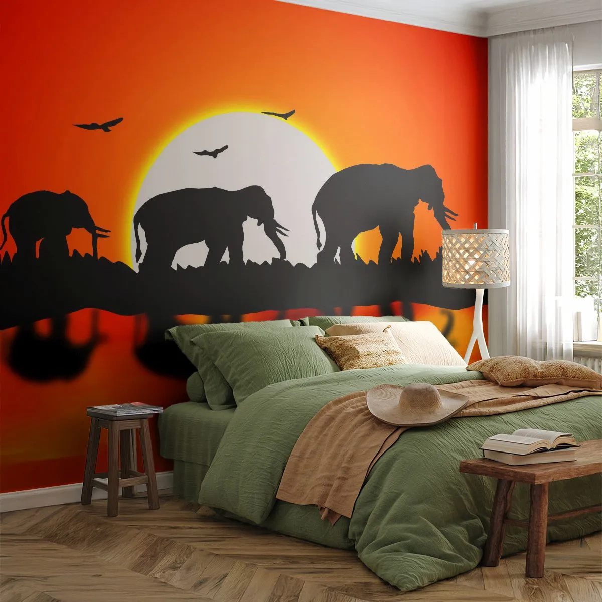 Papier Peint Autocollant Deluxe Sticker - Et le soir pour un petit verre - Animaux, Afrique, Éléphant - 200x140 cm