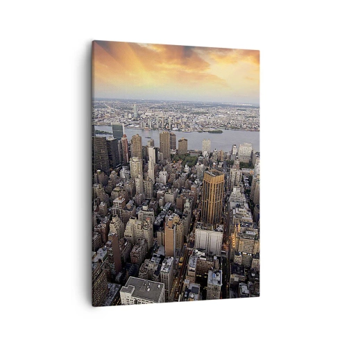 Impression sur toile - Image sur toile - Vue de la métropole avec le soleil couchant - 50x70cm - Le cœur battant de notre époque - Décoration murale moderne pour le salon et la chambre ARTTOR