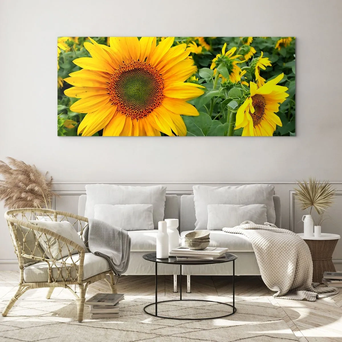 Impression sur verre - Image sur verre - Un champ de tournesols aux fleurs jaunes sur fond de feuilles vertes - 140x50cm - Des centaines de soleils se sont embrasés - Décoration murale moderne pour le salon et la chambre ARTTOR