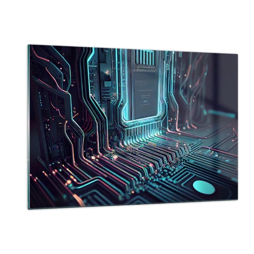 Impression sur verre - Image sur verre - Visualisation au néon des traces du processeur sur fond noir - 120x80cm - Je pense comme ça… - Décoration murale moderne pour le salon et la chambre ARTTOR