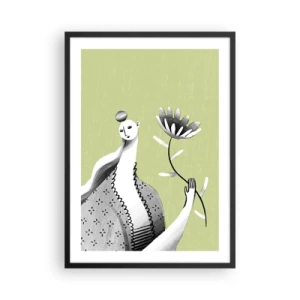 Affiche dans un cadre noir - Poster - Femme minimaliste tenant une fleur sur fond vert - 50x70cm - Portrait moderniste – tenant une fleur - Décoration murale moderne pour le salon et la chambre ARTTOR