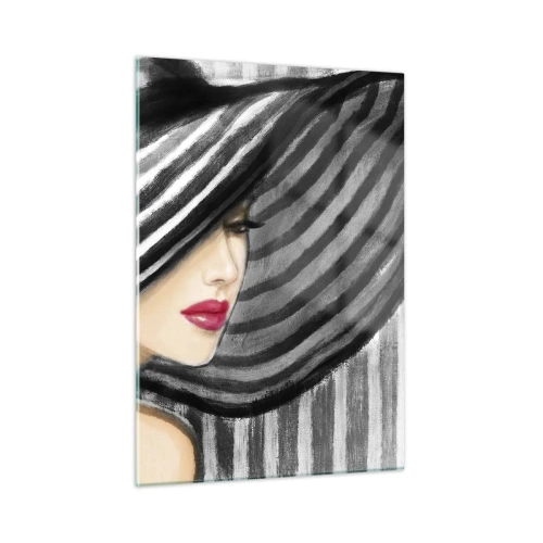 Impression sur verre - Image sur verre - Femme élégante portant un chapeau rayé noir et blanc - 50x70cm - Où te chercher ? - Décoration murale moderne pour le salon et la chambre ARTTOR