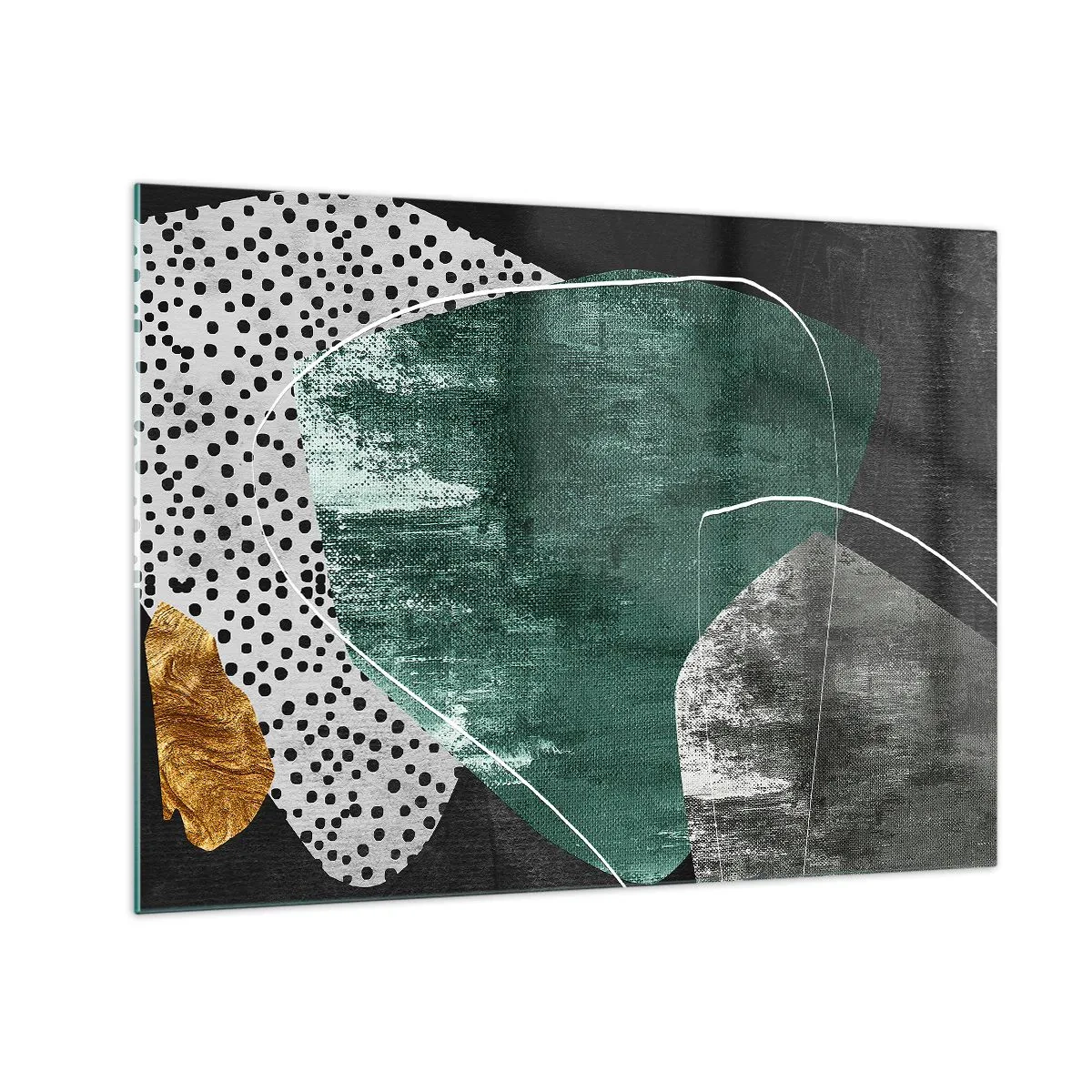 Impression sur verre - Image sur verre - Formes vertes avec un fond noir et une touche dorée - 70x50cm - Abstraction colorée avec feuille d'or - Décoration murale moderne pour le salon et la chambre ARTTOR
