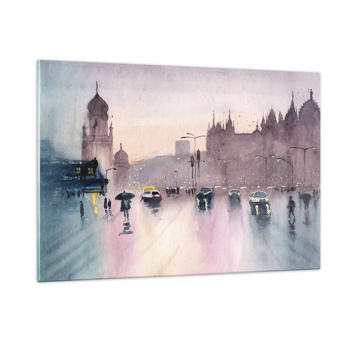 Impression sur verre - Image sur verre - Paysage urbain pluvieux - 120x80cm - Dans une brume pluvieuse - Décoration murale moderne pour le salon et la chambre ARTTOR