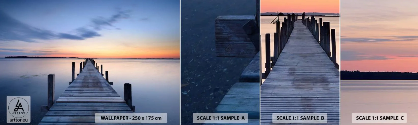 Échantillon de Papier Peint Autocollant Deluxe Sticker - Le calme d'un crépuscule serein - Paysage, Baie, Pont de bois - 100x30 cm