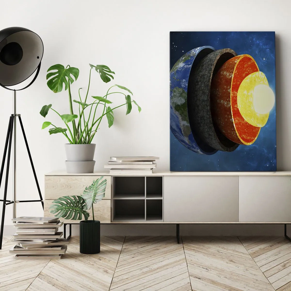Impression sur toile - Image sur toile - Une coupe transversale de la Terre montrant ses couches dans l'espace. - 80x120cm - Voyage au centre de la terre - Décoration murale moderne pour le salon et la chambre ARTTOR