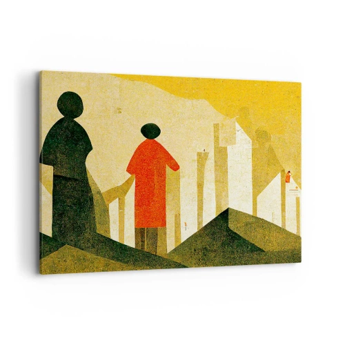 Impression sur toile - Image sur toile - Silhouettes géométriques en rouge et vert sur fond jaune - 100x70cm - La route est encore longue - Décoration murale moderne pour le salon et la chambre ARTTOR