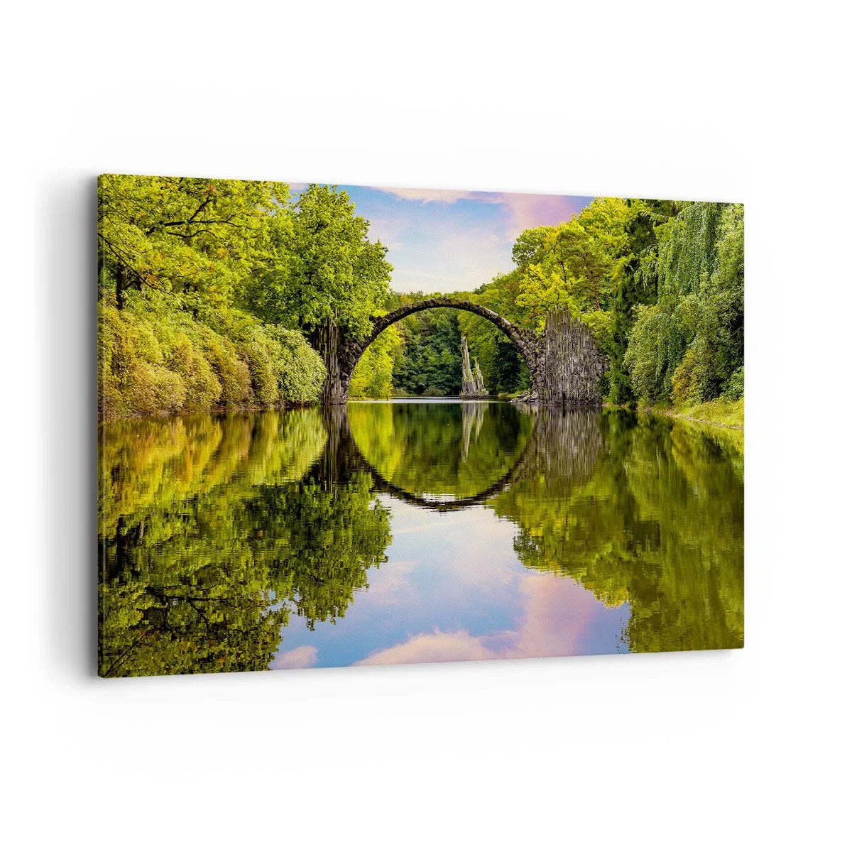 Impression sur toile - Image sur toile - Un pont de pierre sur une rivière avec un reflet parfait dans l'eau - 120x80cm - À la jonction de deux mondes - Décoration murale moderne pour le salon et la chambre ARTTOR
