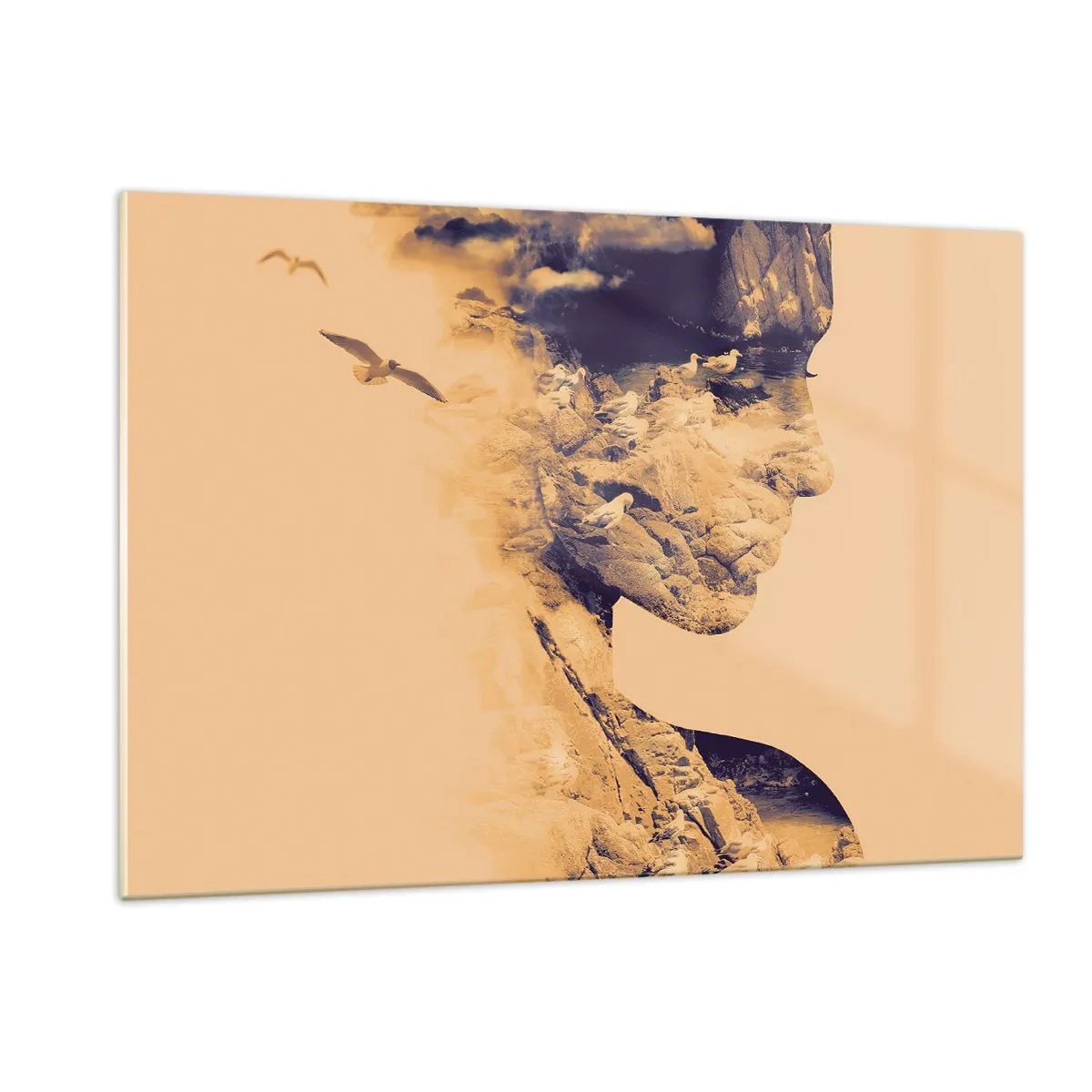 Impression sur verre - Image sur verre - Silhouette d'une femme avec un motif de paysage et d'oiseaux - 120x80cm - Beauté de la nature - Décoration murale moderne pour le salon et la chambre ARTTOR