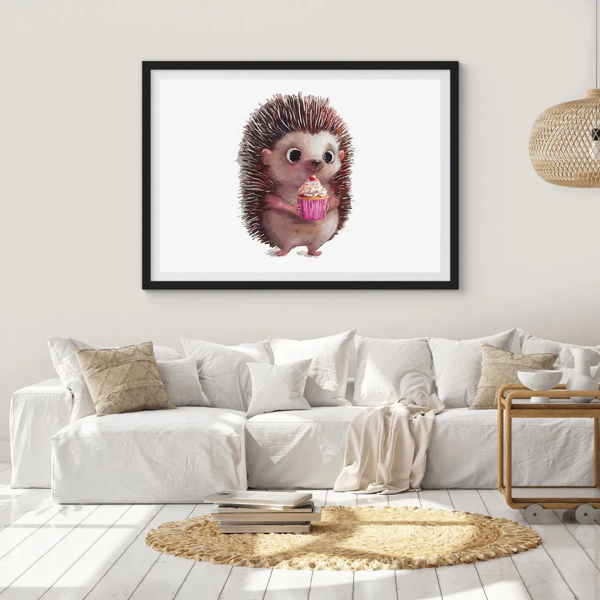 Affiche dans un cadre noir - Poster - Un hérisson mignon avec un cupcake - 70x50cm - La fête c'est tous les jours - Décoration murale moderne pour le salon et la chambre ARTTOR