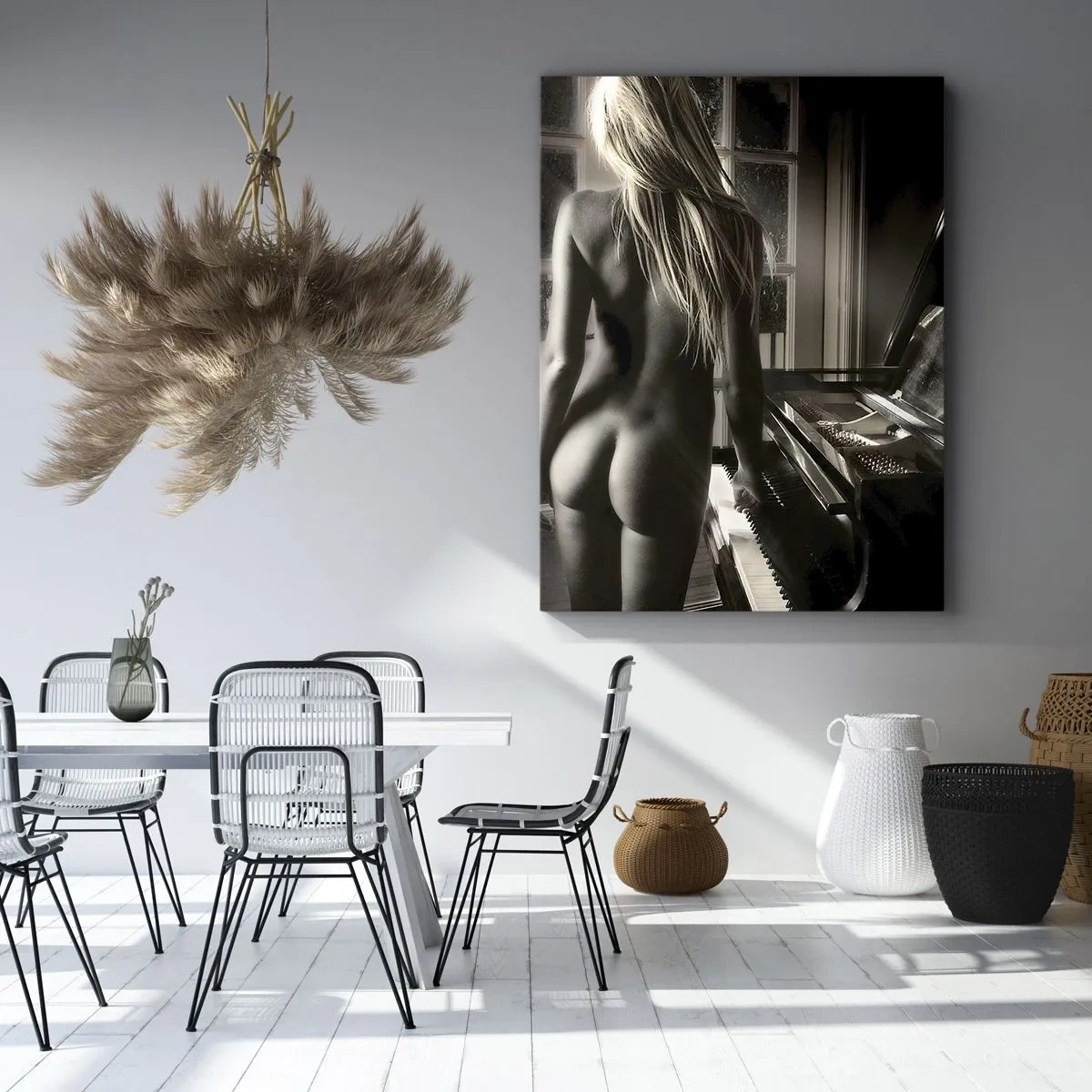 Impression sur toile - Image sur toile - Nu féminin au piano en noir et blanc - 50x70cm - Harmonie parfaite du soir - Décoration murale moderne pour le salon et la chambre ARTTOR
