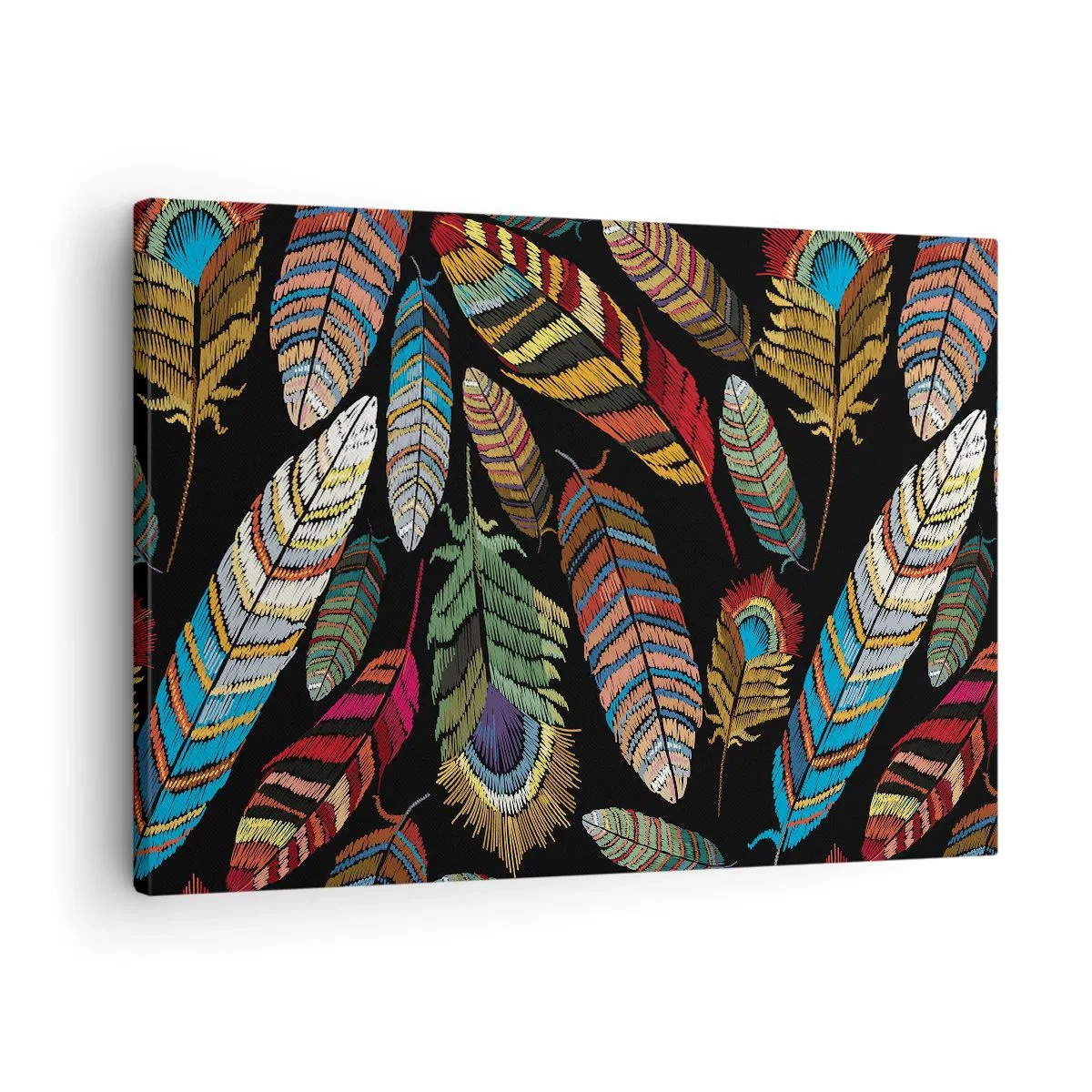 Impression sur toile - Image sur toile - Plumes colorées sur fond noir - 70x50cm - Le carnaval des oiseaux - Décoration murale moderne pour le salon et la chambre ARTTOR