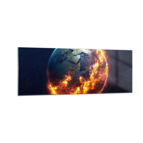 Impression sur verre - Image sur verre - La planète Terre en feu dans l'espace - 140x50cm - La flamme de l'apocalypse - Décoration murale moderne pour le salon et la chambre ARTTOR