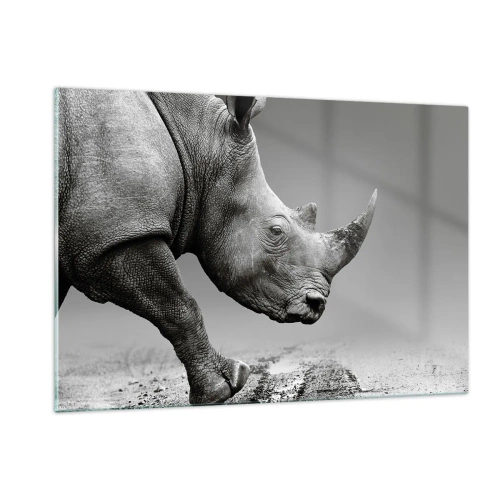 Impression sur verre - Image sur verre - Un rhinocéros en mouvement sur un fond gris - 120x80cm - Force inarrêtable - Décoration murale moderne pour le salon et la chambre ARTTOR