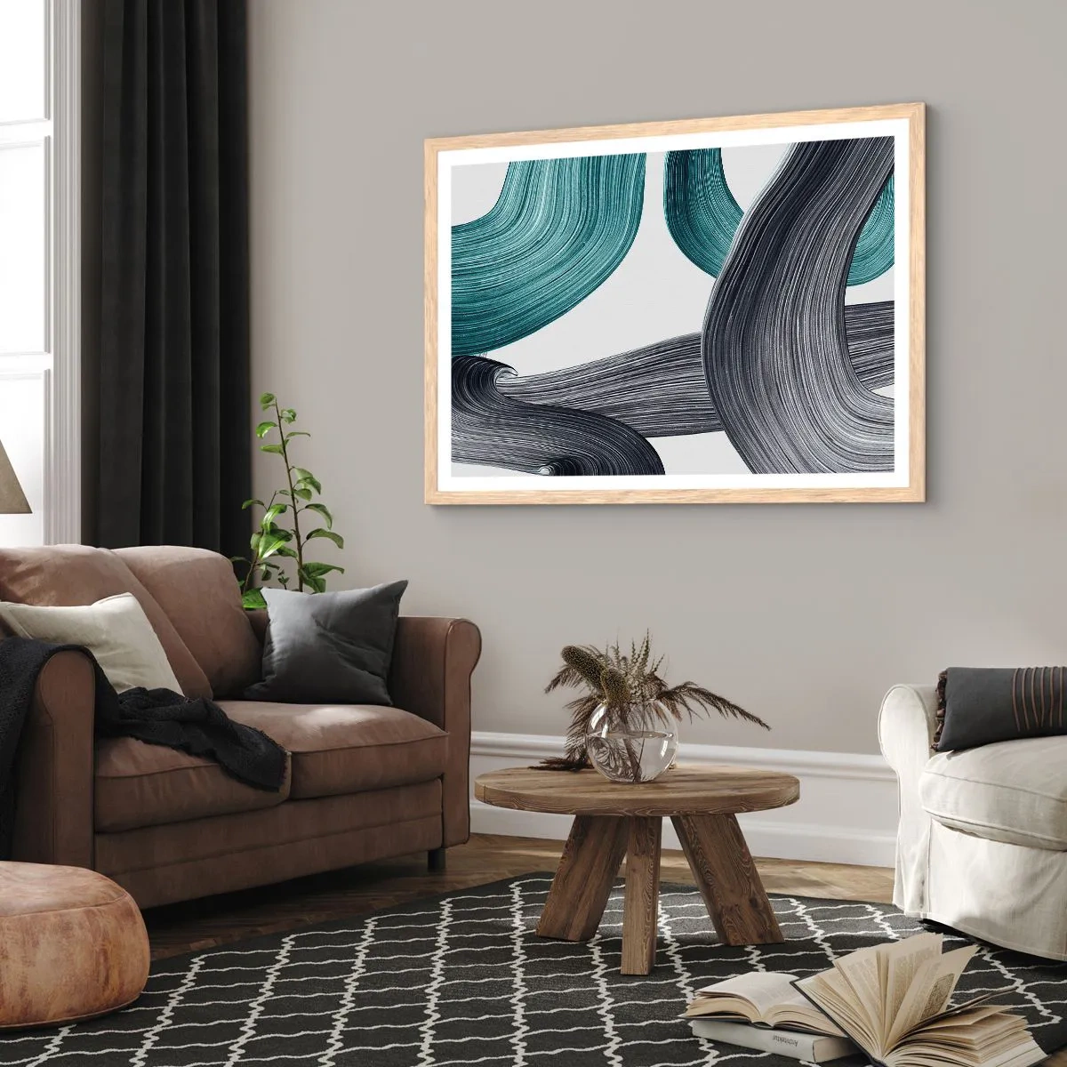 Affiche dans un chêne clair - Poster - Sentiers émeraude et noirs - 91x61 cm