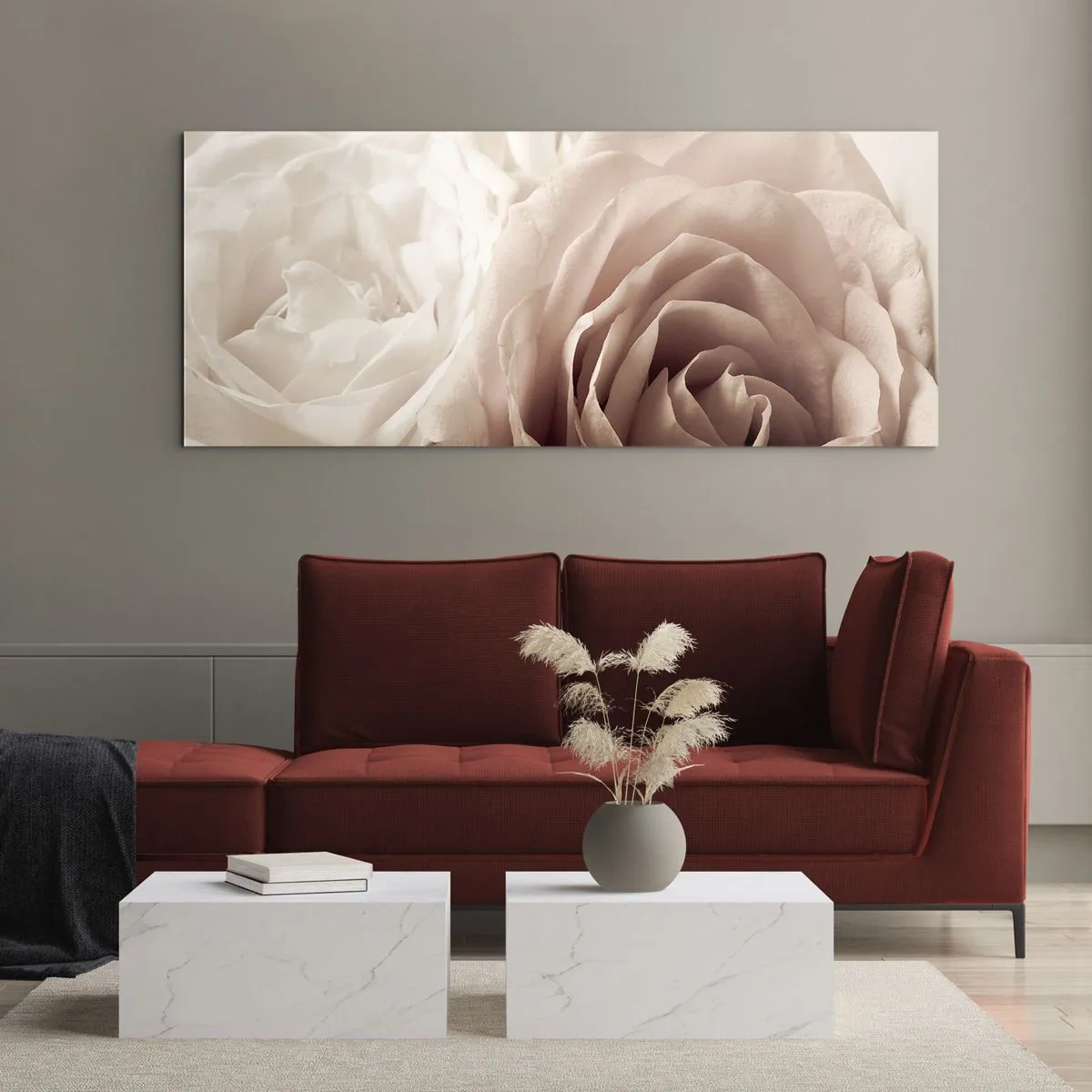 Impression sur verre - Image sur verre - Roses délicates dans des tons pastel de beige - 140x50cm - Au coeur d'ue la rose - Décoration murale moderne pour le salon et la chambre ARTTOR