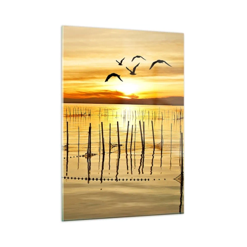 Impression sur verre - Image sur verre - Coucher de soleil sur un lac avec des oiseaux et des filets de pêche - 50x70cm - À la pêche - Décoration murale moderne pour le salon et la chambre ARTTOR